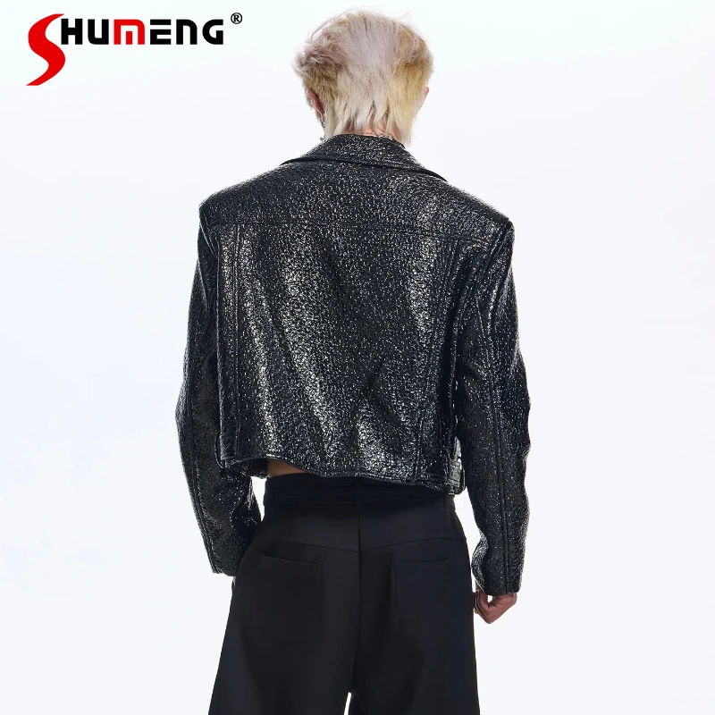 

Men's 2025 Autumn New High-End Leather Coat Large Lapel Ribbon Short Style Leather Jacket Men's Long Sleeve Faux Leather Jackets
