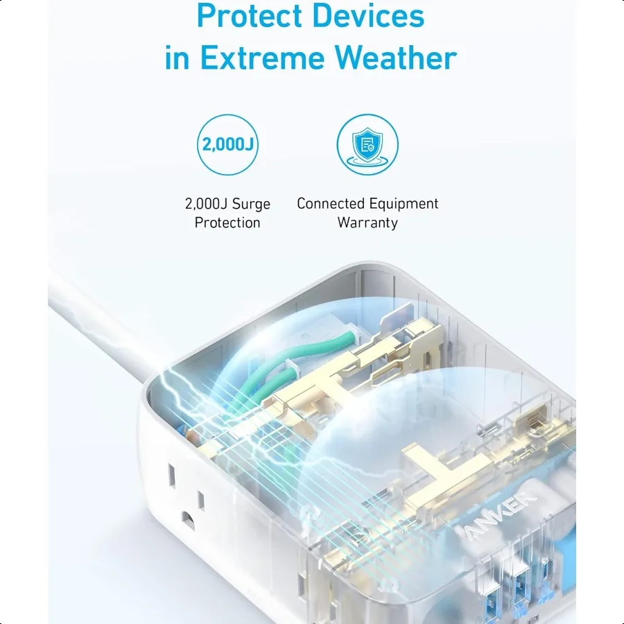 شريط طاقة أنكر مع منافذ USB 5Ft عرام حامي 2000J 8 موسع منفذ واسع 2 منفذ USBA ومنفذ USBC واحد يعمل مع iPho