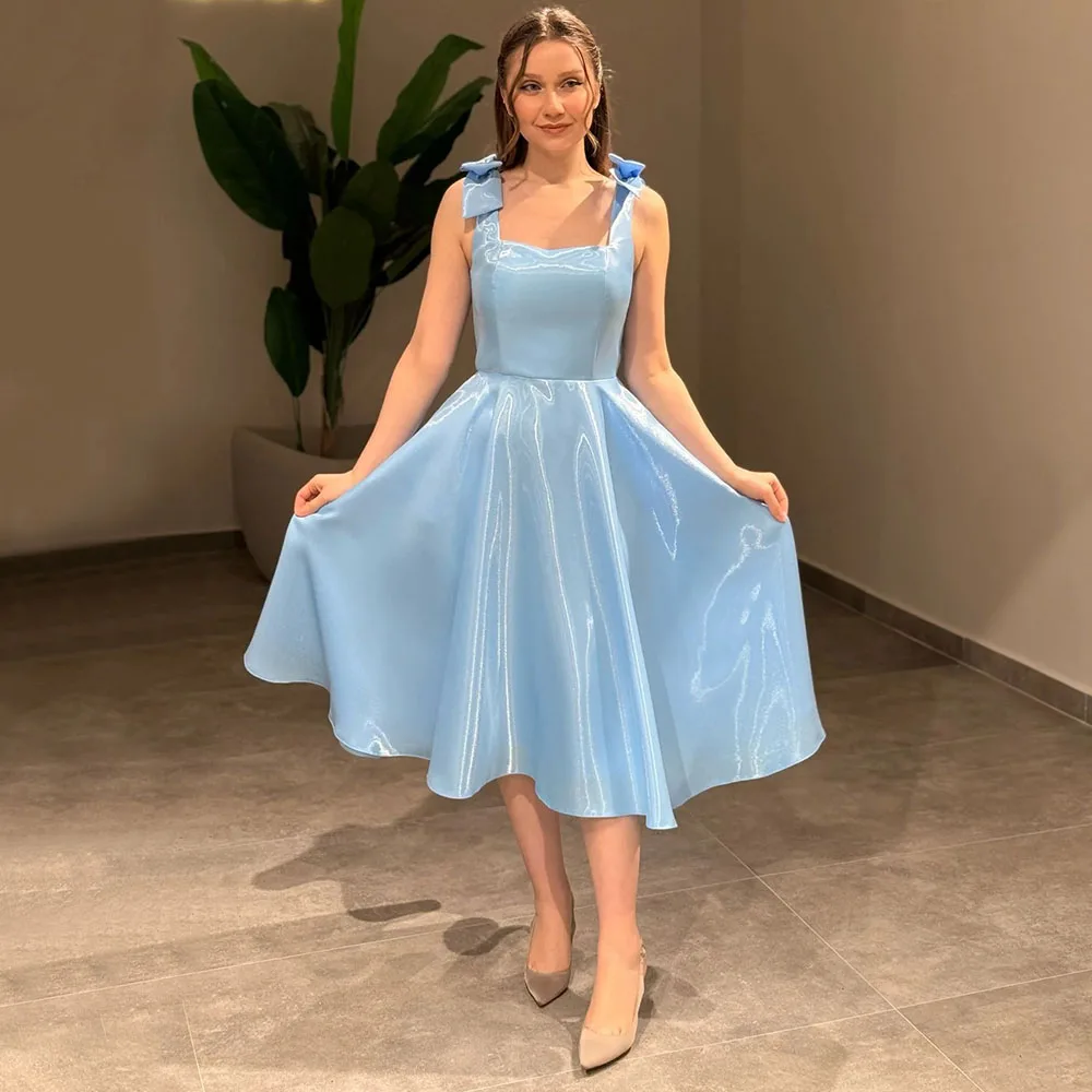 

Vanessa Customized Sky Blue Short Organza Evening Dress Elegant Square Collar Sleeveless Prom Gown Tea Length A-Line Party Dress