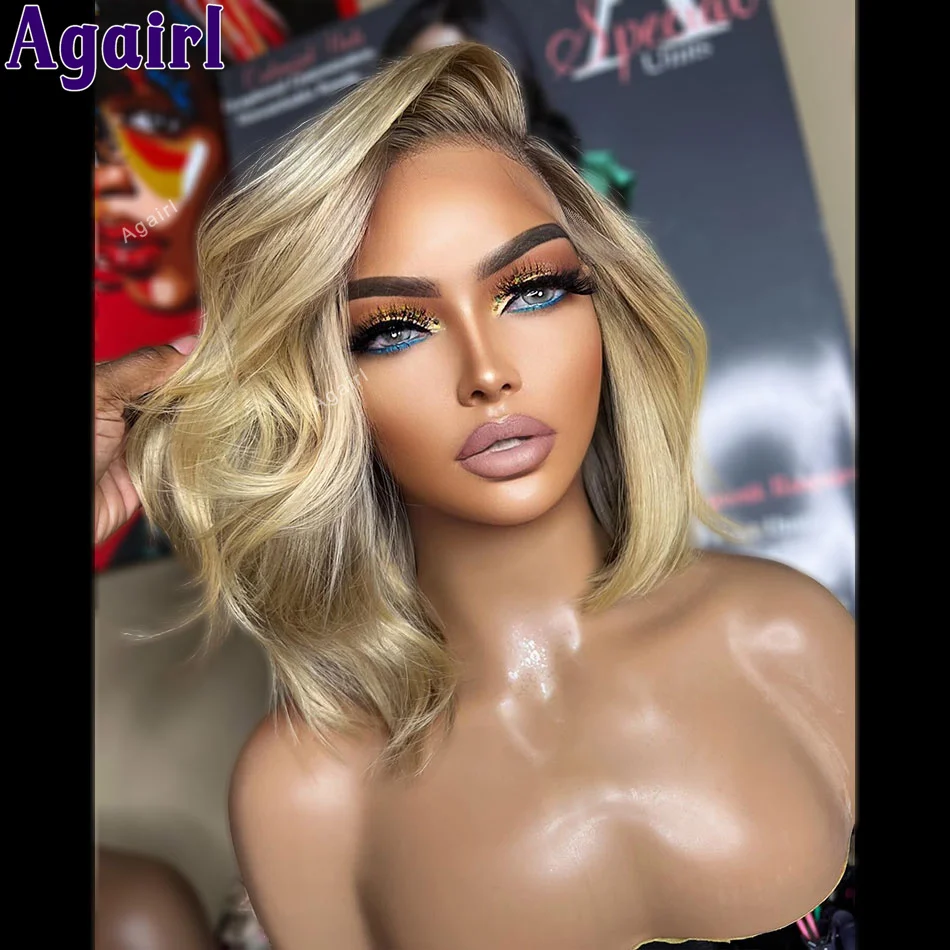 Wig Bob renda ombak tubuh 13x4 Wig Frontal Ombre Ash Blonde 180% rambut manusia depan transparan Wig Bob pendek telah ditanami untuk wanita