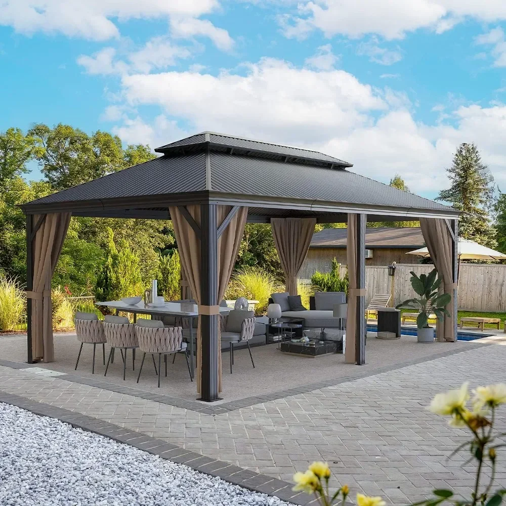 

12'x20' Hardtop Metal Gazebo, Aluminum Frame Permanent Pavilion with Netting ， Outdoor Galvanized Steel Double Roof Canopy.