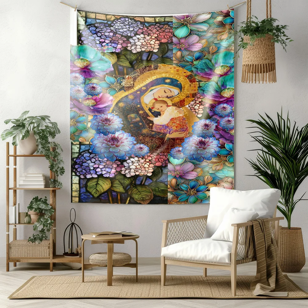 Virgin Mary and Child with Floral Mandala Tapestry  Art Wall Hanging Machine Washable All Season Home Living Room Decor