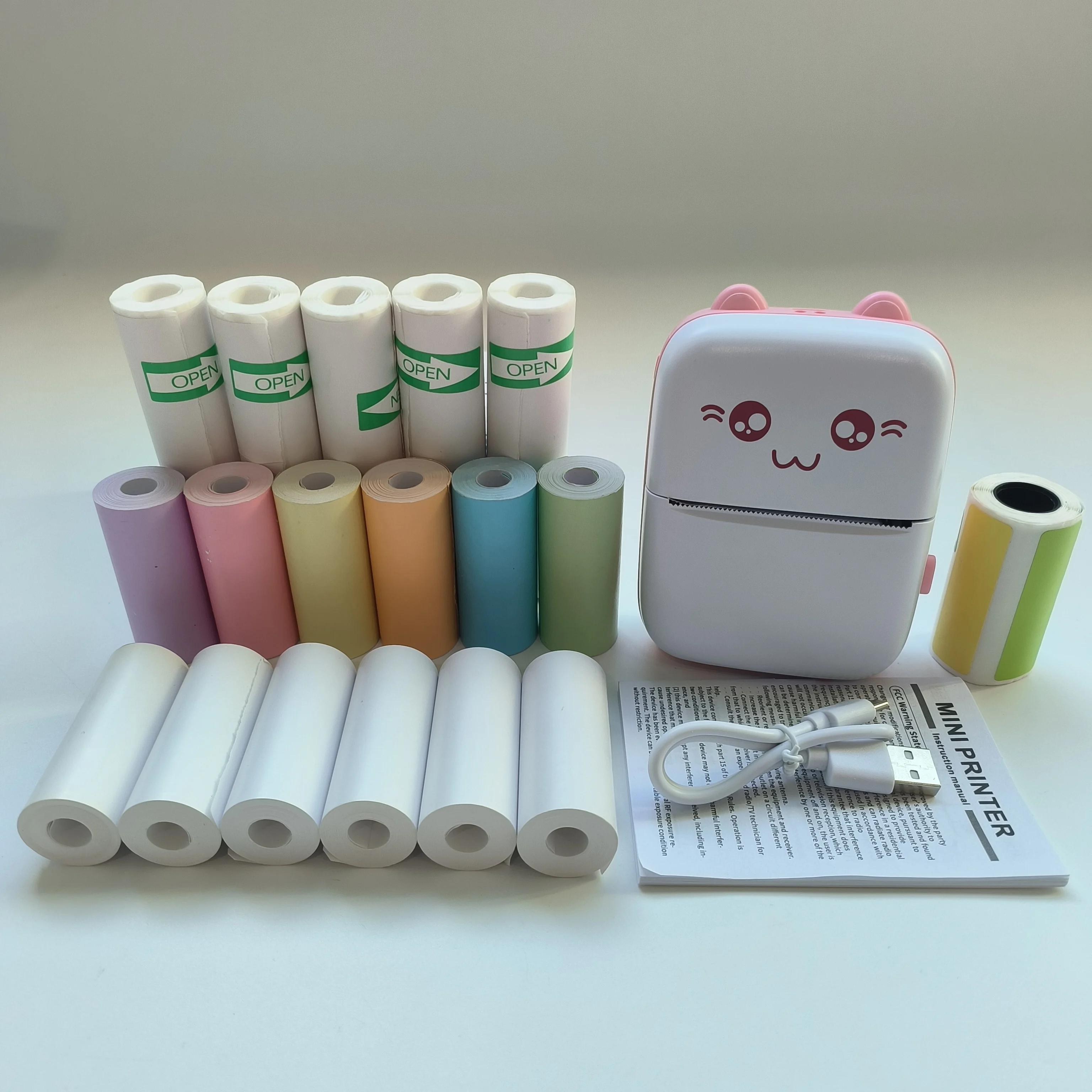 

Портативный карманный мини-принтер с 5 рулонами наклеек, 6 цветными бумагами, 5 термобумагами и 1 этикеточной бумагой, подключение к мобильным устройствам, без чернил.