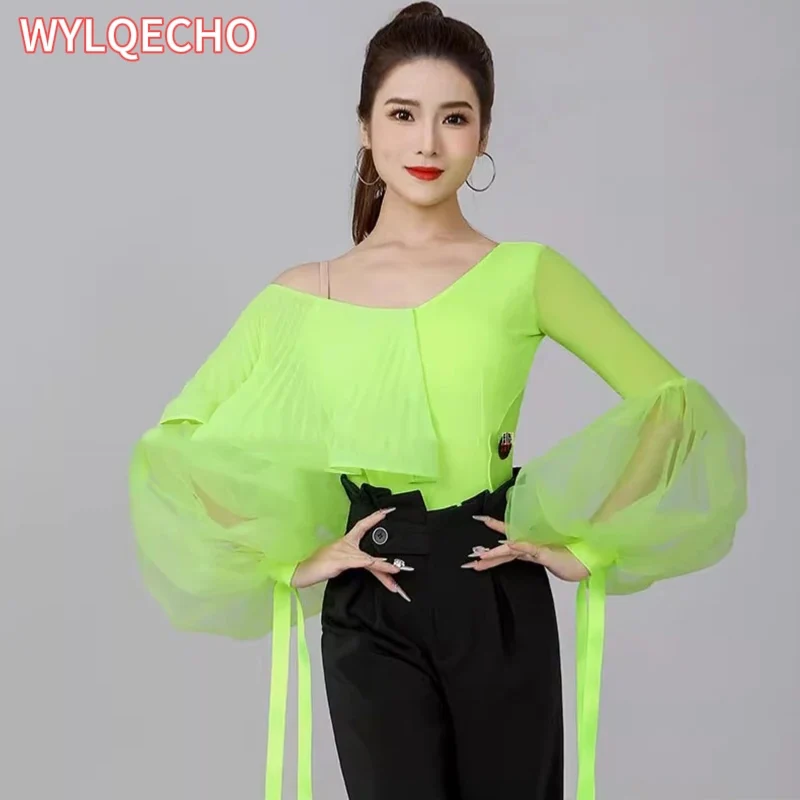 2024 New Modern Dance Clothes High-end Women's Latin Tops Puff Sleeve Ballroom Dance Wear Leotard Long Sleeve Waltz Bodysuit