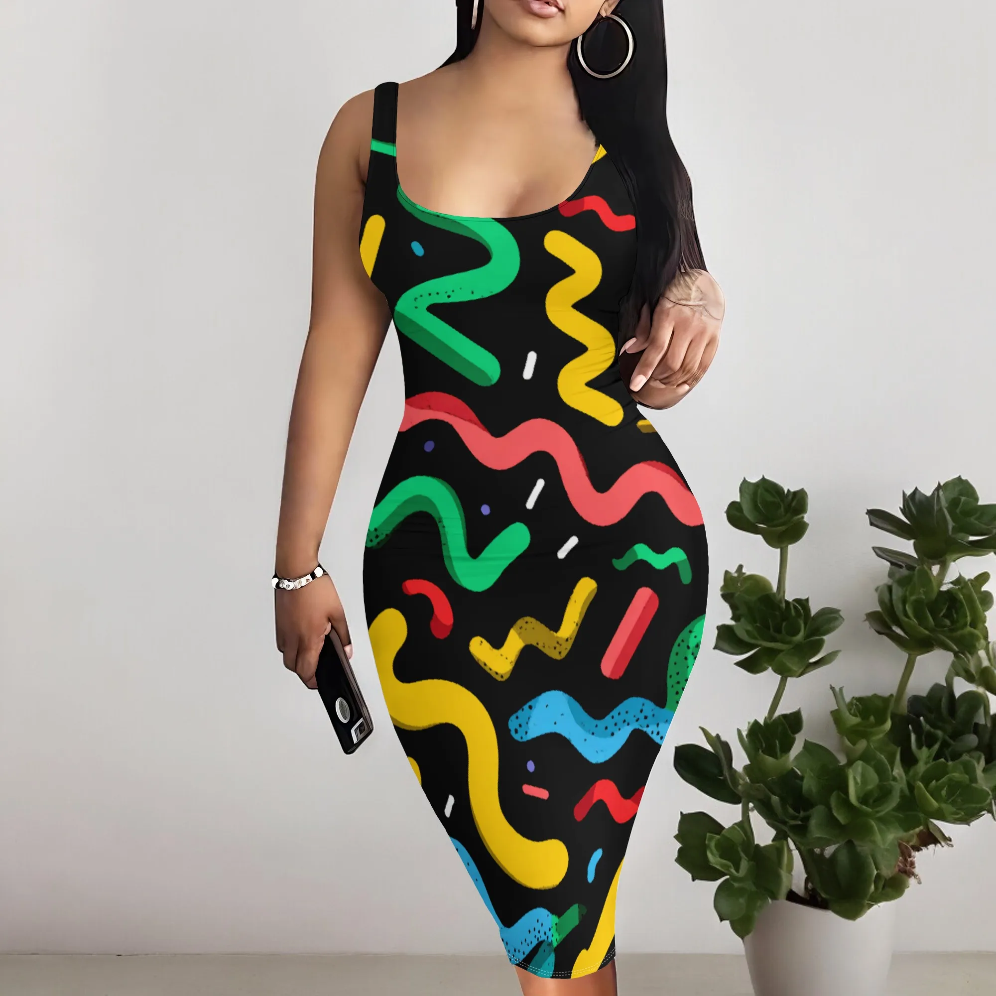 

Women's Sleeveless Bodycon Midi Dress 80s 90s Retro Abstract Wavy Print Colorful Summer Party Club Dress S-3XL.