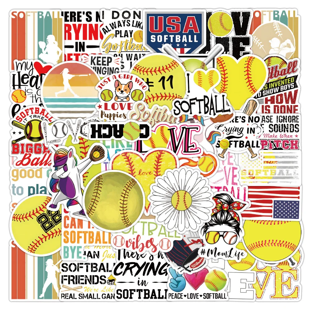 

50pcs Softball Stickers American Sports Decals for Guitar Laptop Luggage Car Motorcycle Skateboard Phone Case