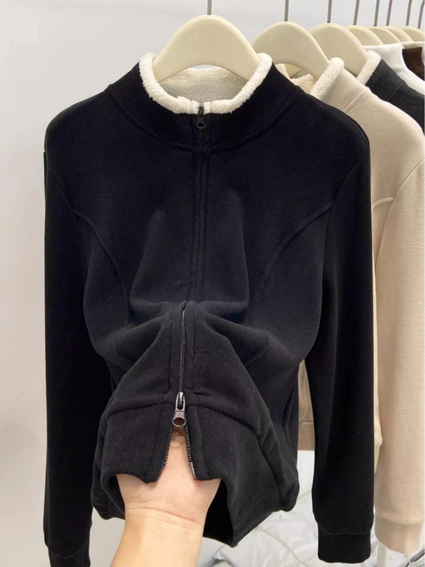 Chaqueta de Punto con Cuello Alto y Cremallera, Diseño de Patchwork de Terciopelo de Cordero, Ropa Exterior para Mujer, Otoño Invierno, Sudadera Cálida y Moderna