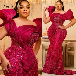 Aso Ebi Plus Size Fuchsia Long Mermaid Evening Dresses Pearls Beaded Women Formal Party Gowns For A Wedding African Customized
