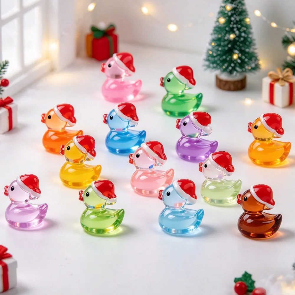 Christmas Mini 3D Glowing Little Duck with Hat Ornament Cute Animal Decoration DIY Resin Craft Desktop Accessory Christmas Gift