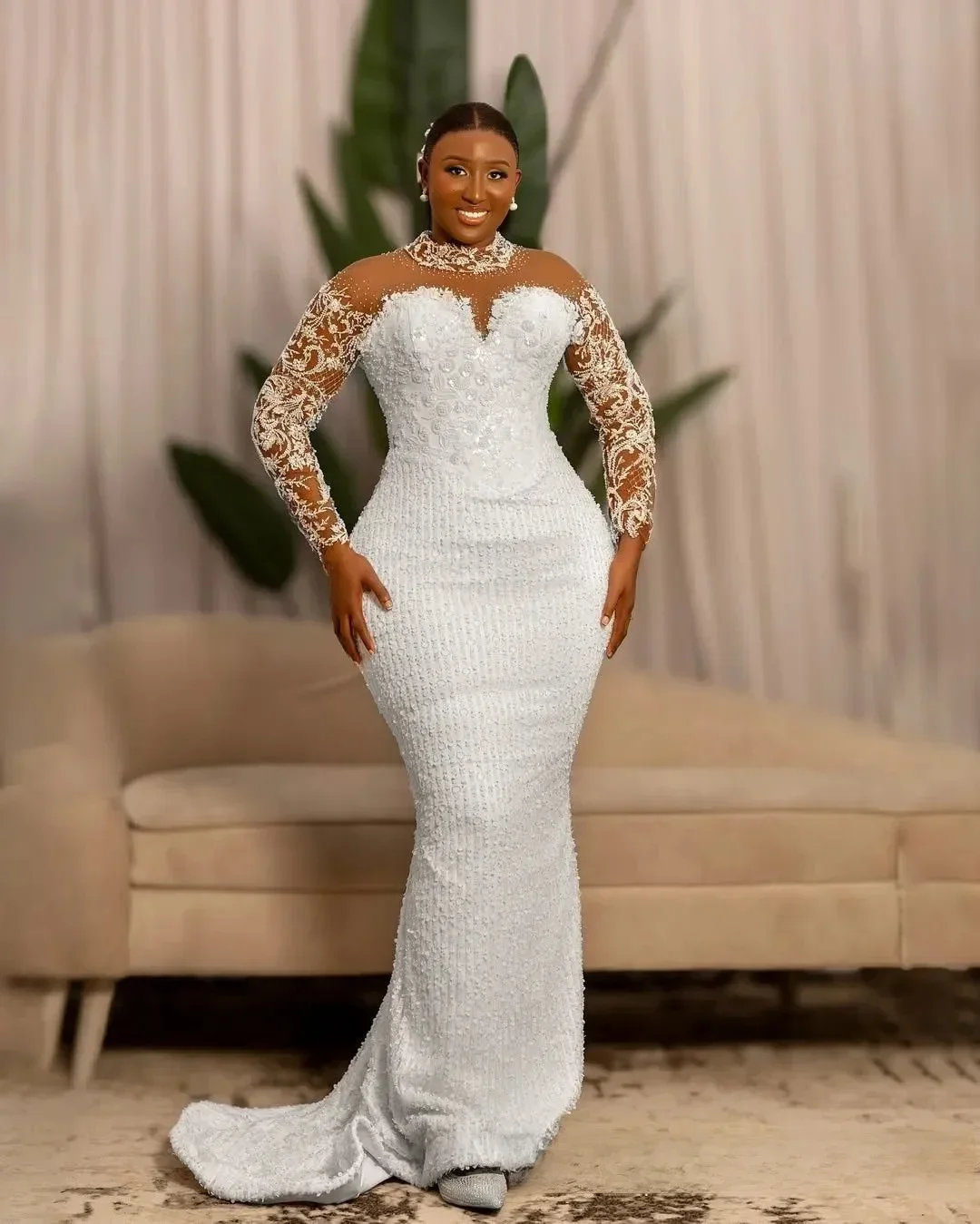 Customized Plus Size African Bridal Gowns Detachable Train Mermaid High Neck Illusion Long Sleeves Bead  Wedding Dress