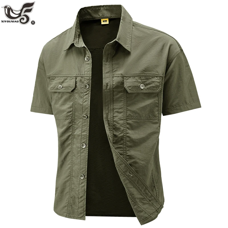 

New Short Sleeved Military Shirt For Men's Summer Casual High Elasticity Solid Color Multiple Pockets Cargo Shirts Men Clothing