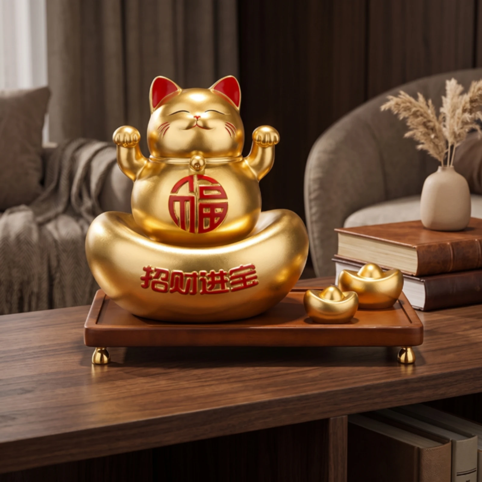 Fortunate Cat Figurine Wood-Look Cat Statue with Display Base Maneki Neko Fortune Decorative for Business Owners, Store Opening