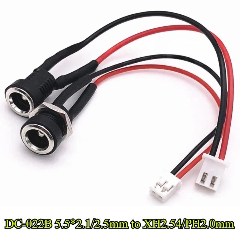 

DC Power Supply Jack Socket Female Panel Mount Connector 5.5*2.1/2.5mm DC-022B to XH2.54/PH2.0mm terminal wire 22AWG 10/20/30cm