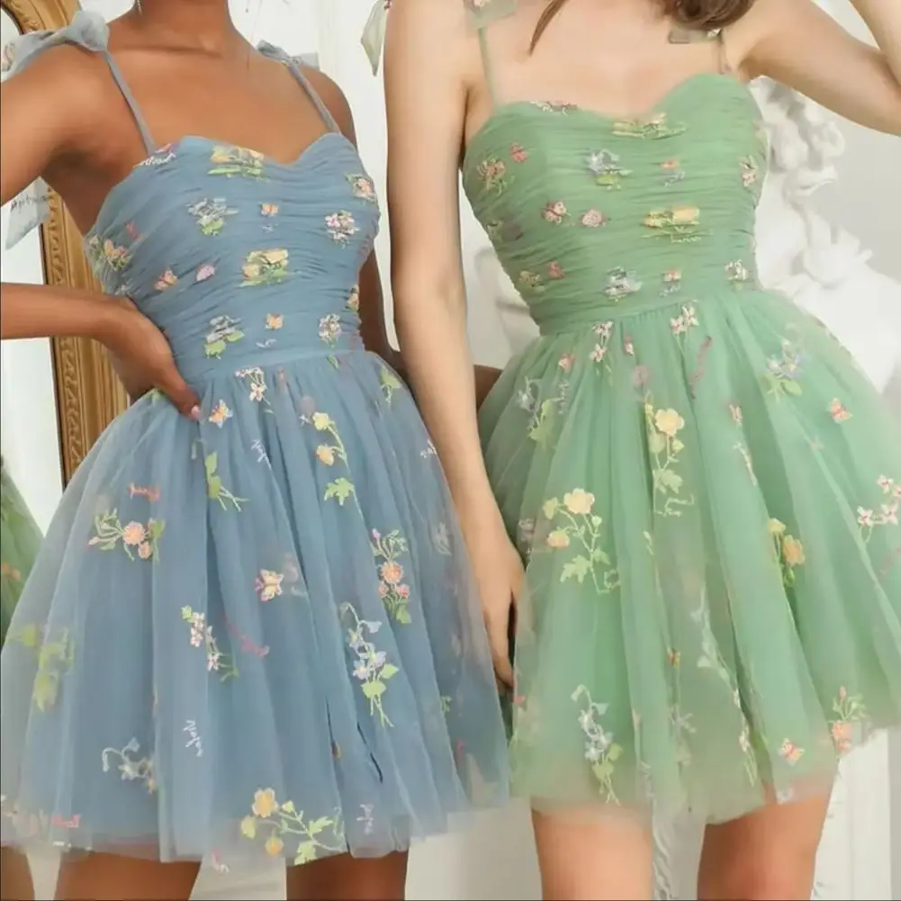 

Sweetheart Flower Embroidery Dress Short Formal Party Women's Tie Strap Tulle Prom Dresses Mini Homecoming Dresses