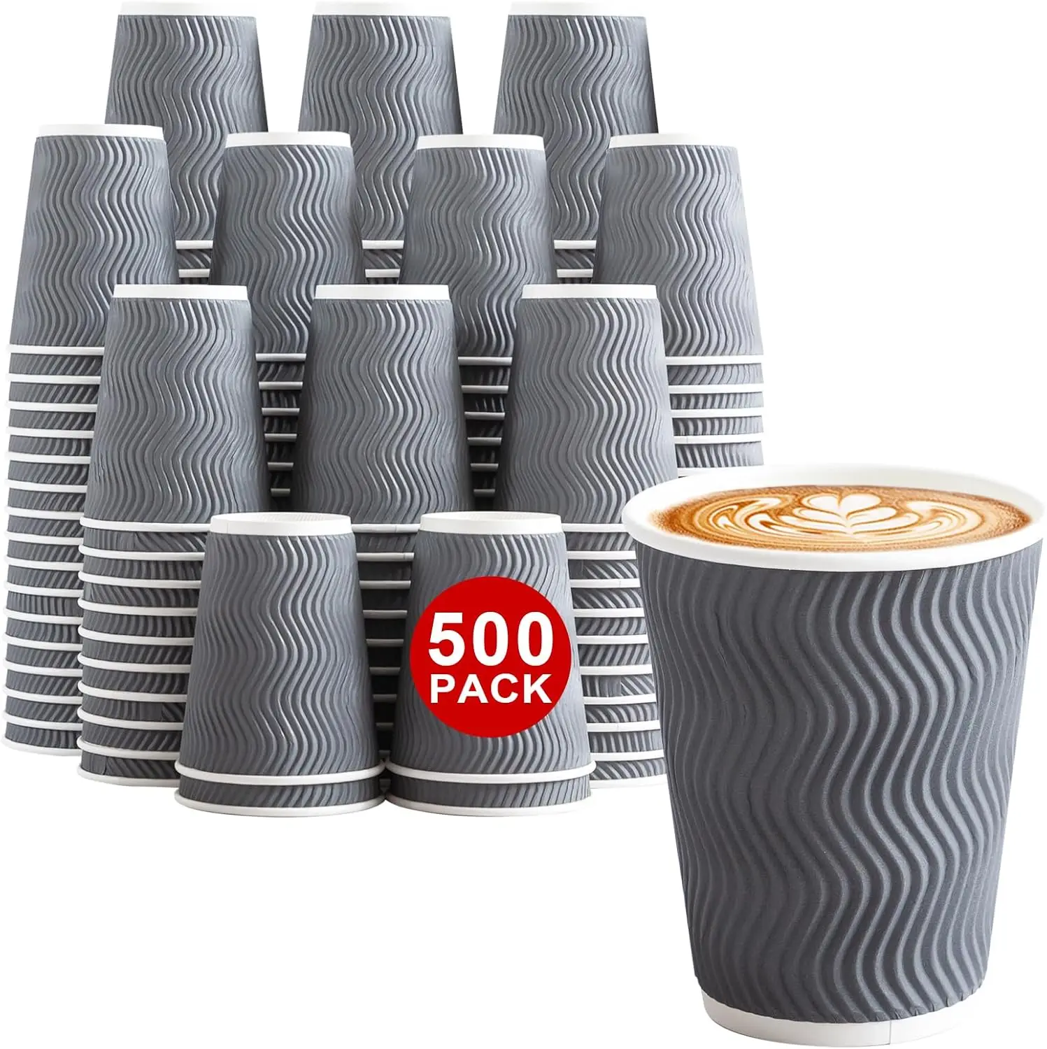 

500 Count 12 oz Insulated Coffee Cups Bulk, Disposable Paper Cups No Lids 12oz, Corrugated Ripple Wall Design for Hot Be