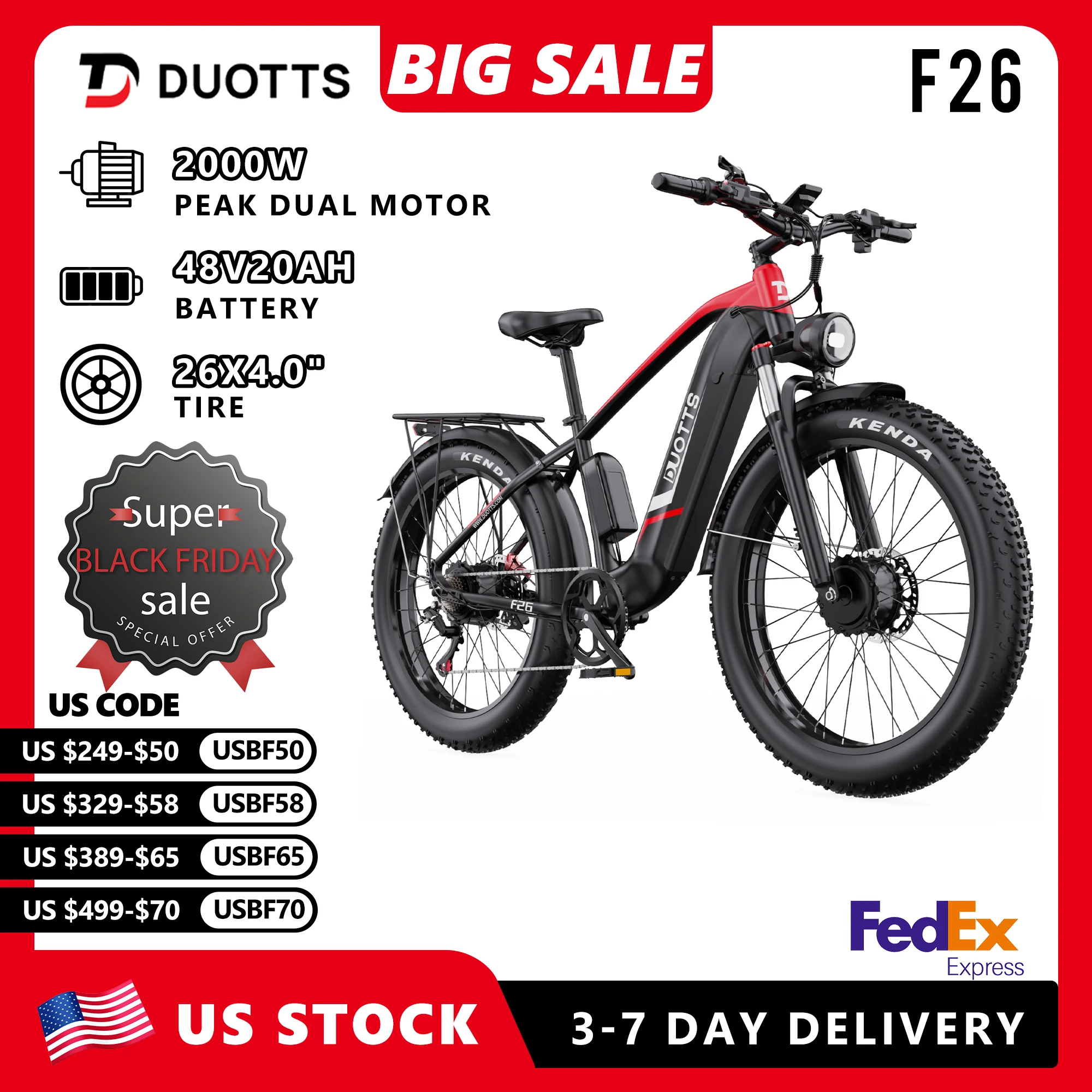 

DUOTTS Electric Bicycle 2000W Dual motorcycle F26 Electric Bike for Adults 26 x 4 Fat Tire All Terrain E Bikes 48V 20AH Battery