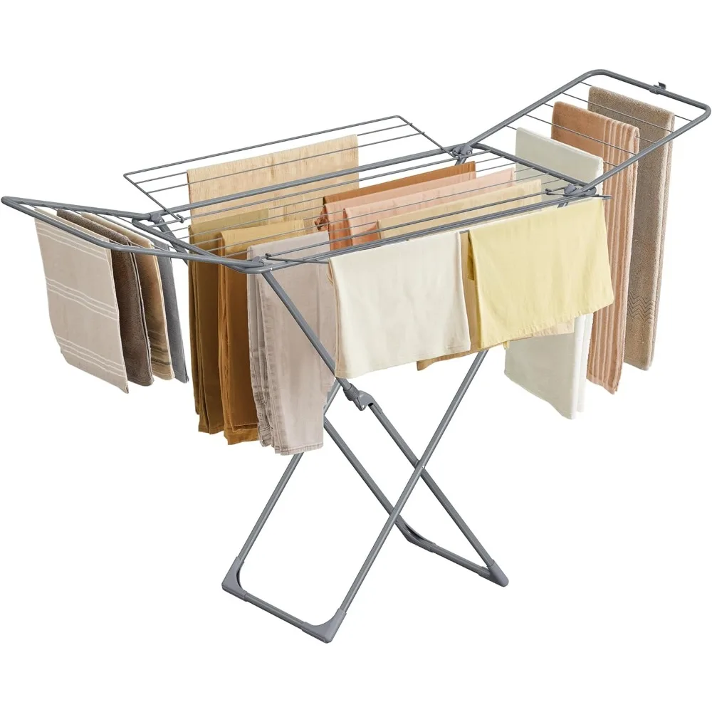 

Foldable Metal Clothes Drying Rack, Space-Saving Free-Standing Airer with 4 Gullwings, Indoor Outdoor Use, Gray