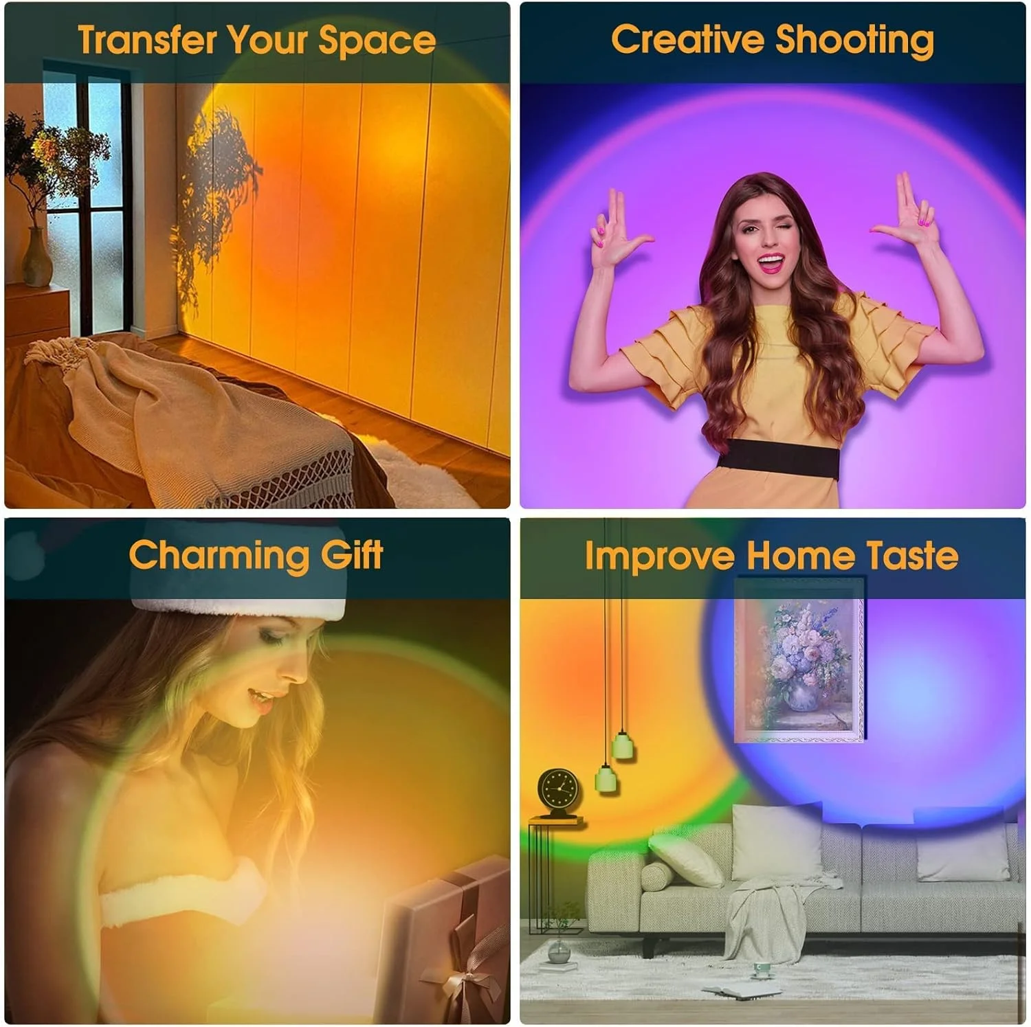 أضواء LED لإسقاط مصباح غروب الشمس مع ضوء ليلي متعدد الألوان عن بعد 360 درجة °   دوران قوس قزح مصباح 4 طرق الإعداد للتصوير الفوتوغرافي