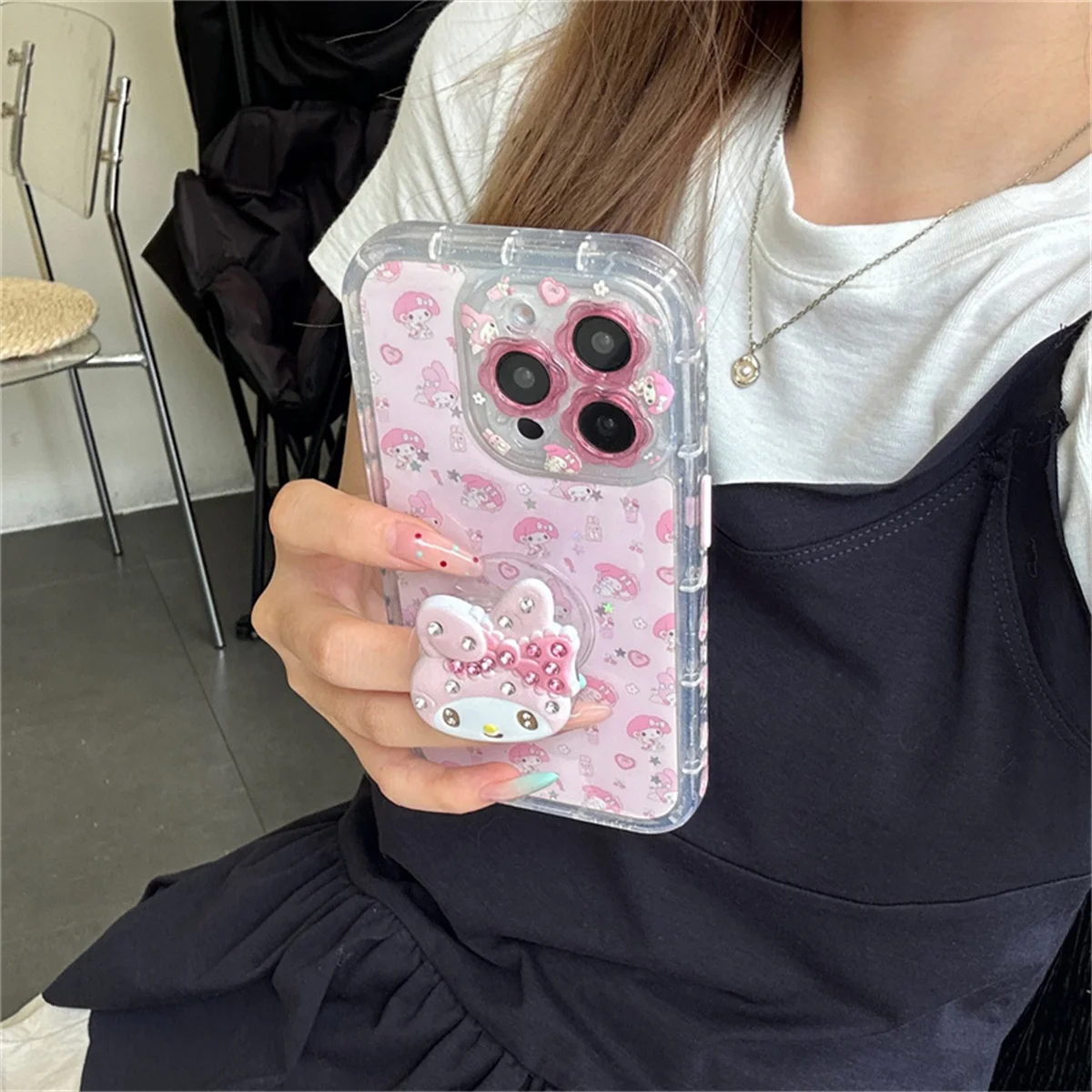 

Cute Cartoon Pink Diamond Melody Magnetic Stand Case For iPhone 16 14 Pro 13 15 Pro Max Phone Cover For Magsafe Cases Funda