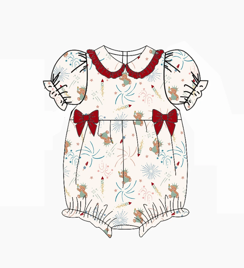 4th July latest hot-selling puff-sleeved baby romper turn-down collar ruffled trim bow decoration suitable newborns' daily