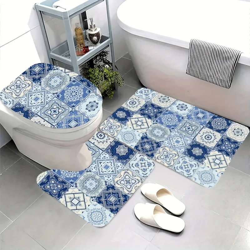 3-Piece Bathroom Rug with Skid-Resistant Backing, Knitted Polyester Bath Mat Set, Includes Toilet Lid , Tank Cover, and