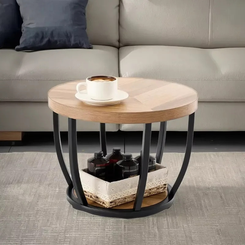 Modern Industrial 2-Tier Circle Stone Coffee Table Storage Shelves Adjustable Height 19.7