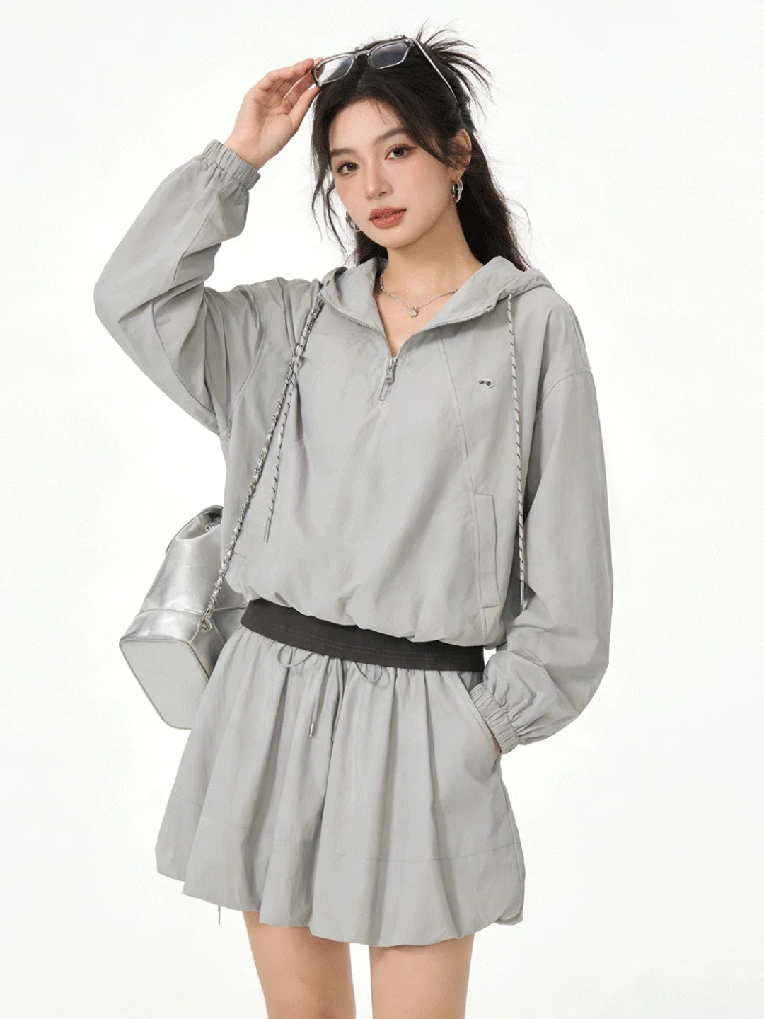 

Laid-ba Spor Loose-Fit Hooded Jaet Fake Two-Piece Early Spring Korean Retro Bloom f-Skirt Set Breathable Lightweight...
