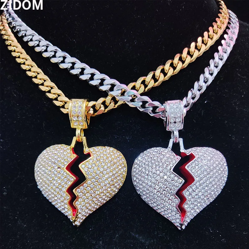 Men Hip Hop Heart Broke Iced Out Bling Pendant Necklace 7mm Width 316L Stainless Steel Chain Necklaces Hiphop Fashion Jewelry