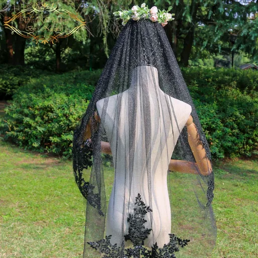 Black Spark Fingertip Bridal Veil Silver Sparkle Black Glitter Lace Fingertip Wedding Veil Customized Length Wedding Veil