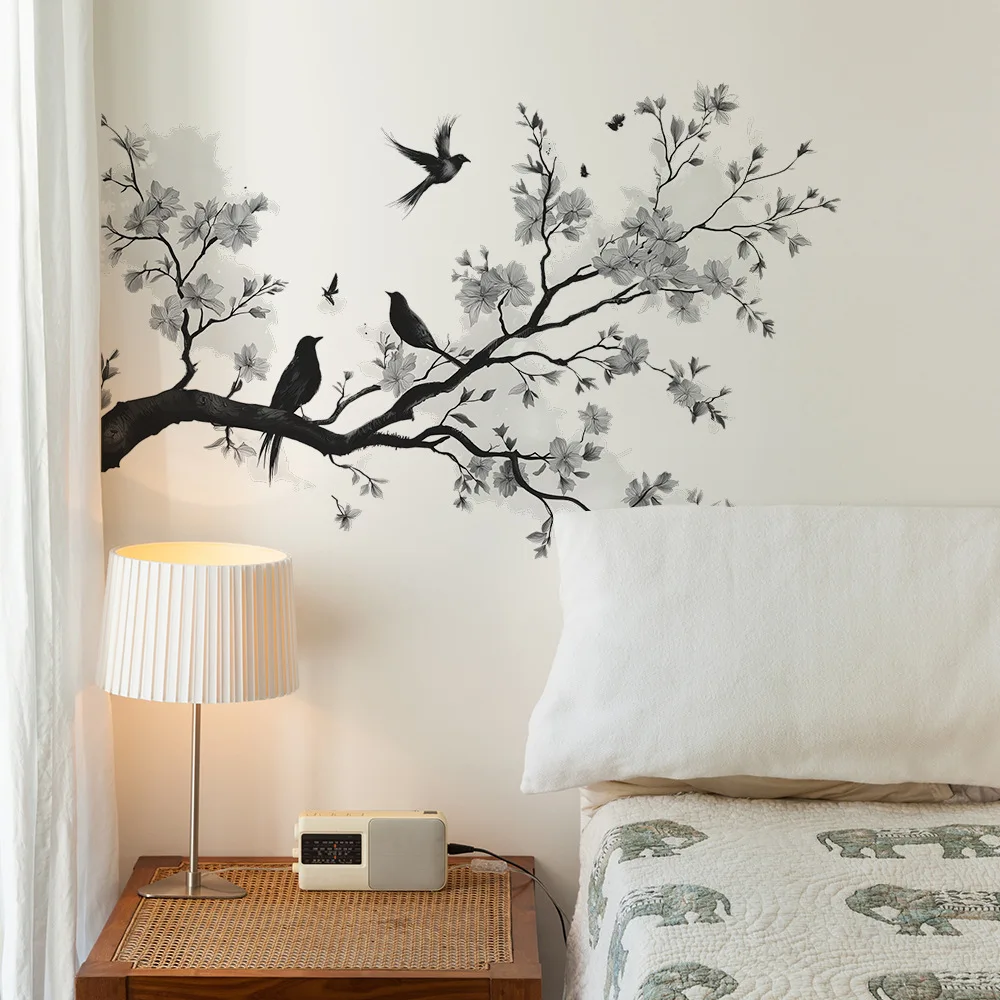 Black White Flowers Wall Stickers Branch Bird for Blossom Wall Sticker Home Decoration Girls Living Room Bedroom Wall Decal