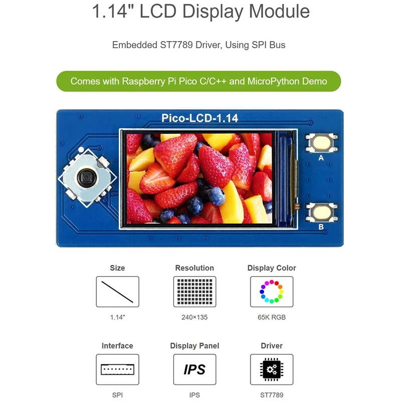 Waveshare 1.14Inch LCD Display Module For Raspberry Pi Pico 65K RGB Colors 240X135 Pixels, Embedded ST7789 Driver