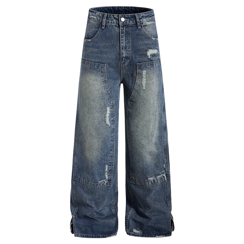 

GXFortune Retro American Spliced Jeans High Street Straight Leg Micro Flared Long Trousers for Men And Women