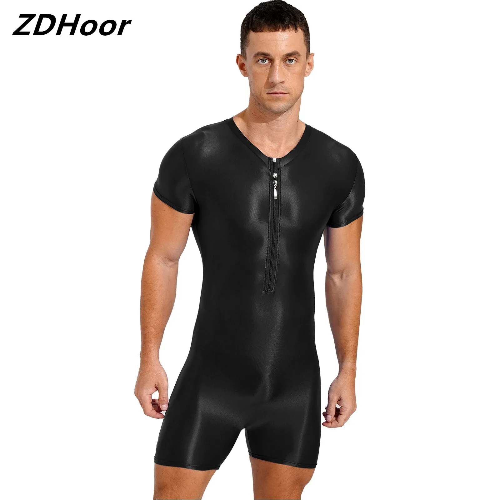 Mens Glossy Stretchy Swimsuit Short Sleeve Zipper One-Piece Round Neck Bodysuit Swimwear for Swimming Bodybuilding Workout