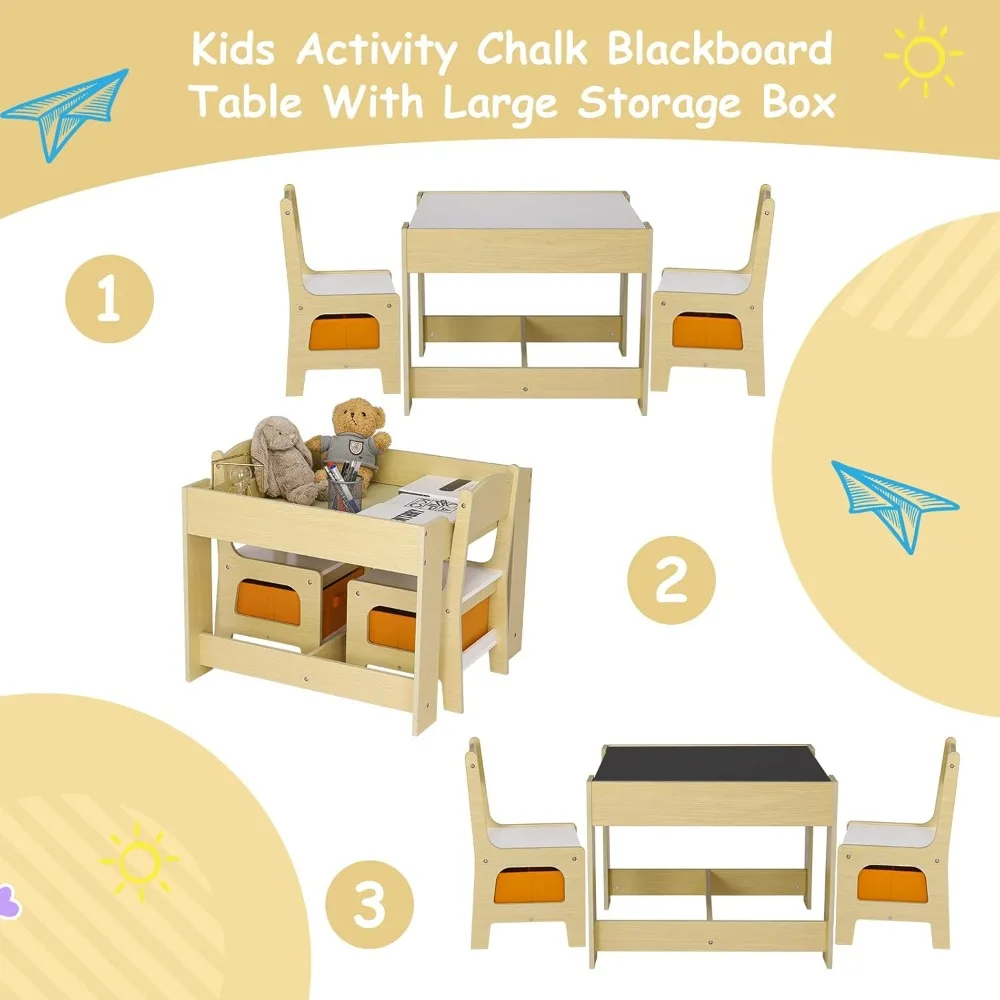 Kindertafel en 2 stoelenset, 3-in-1 houten peuteractiviteitentafel met schoolbord, opbergruimte, verwijderbaar tafelblad voor tekenen en lezen