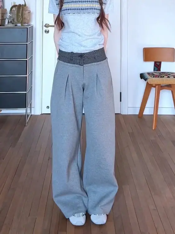 

Retro High Waist Fake Two-Piece Patchwork Sweatpants Women's Summer New American Style Casual Wide Leg Long Pants