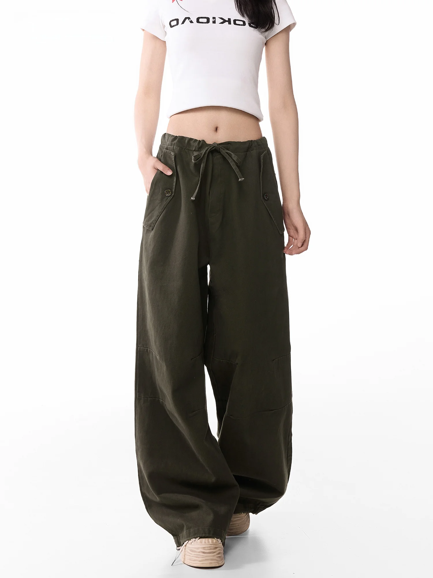 

Summer New Green Casual Work Pants Women's Large Pocket Design Elastic Waist Straight Cotton Trousers Street Style Loose...