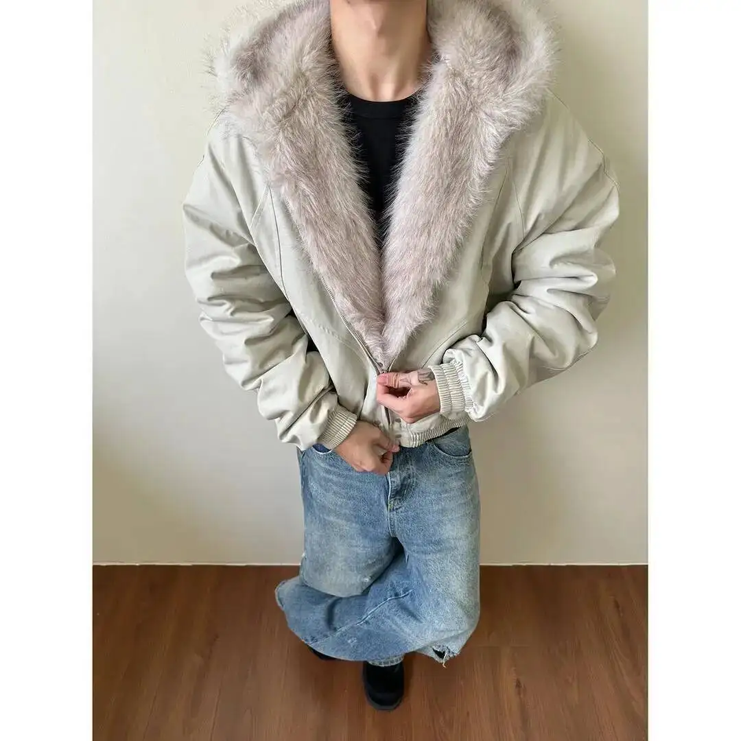 Retro Unisex Cleanfit Cotton Coat 2026 Spring Man Women Eagle Fur Collar Hooded Jacket Thickened Winter Outerwear Parkas