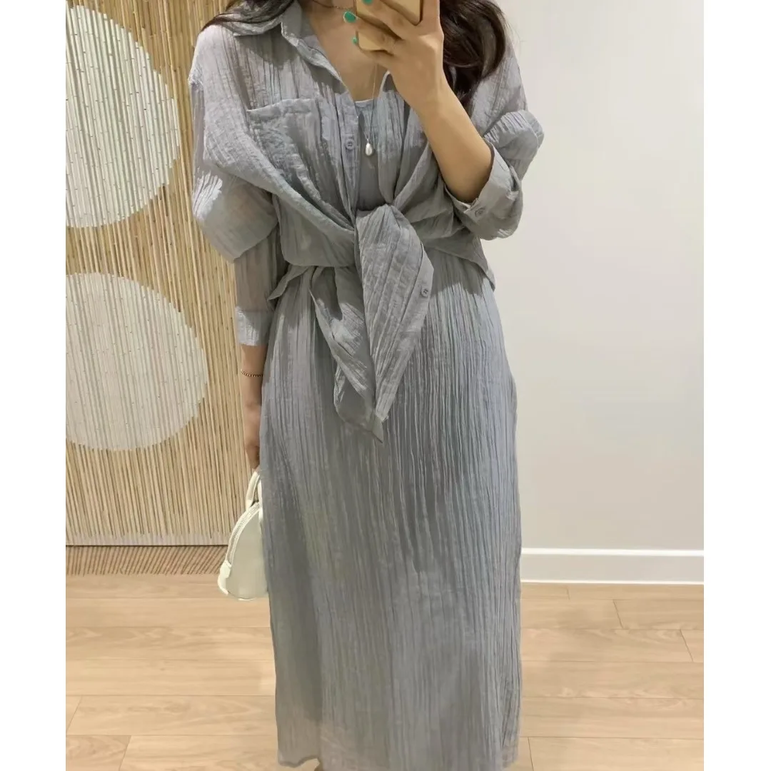 Elegant Summer Korean Style Dress Set with Strap And Turn-down Collar Shirt Two-piece Women's Fashionable High Waist Midi Skirt
