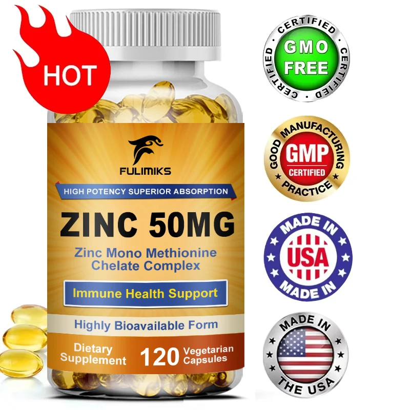 

Zinc Capsules 50 mg Supplement, High Absorption, Support Immune, Antioxidant, Skin, Cognitive Health, Highly Bioavailable Form