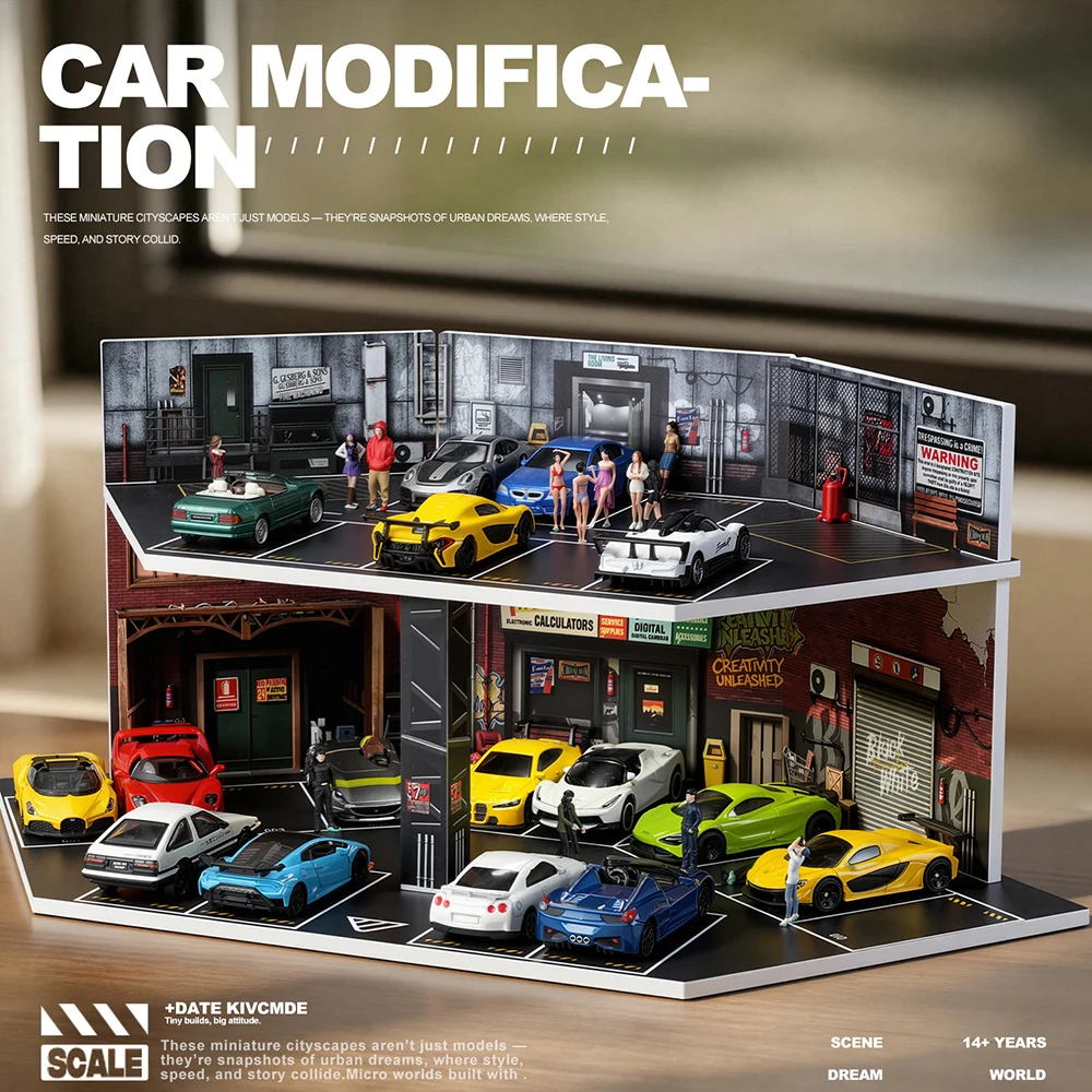 Car Accessories Toy - 1/64スケールのアメリカンスタイルの駐車場ジオラマモデル用アクセサリー – 組み立て式建物セット、ミニチュアシーン展示用（車は含まれません）