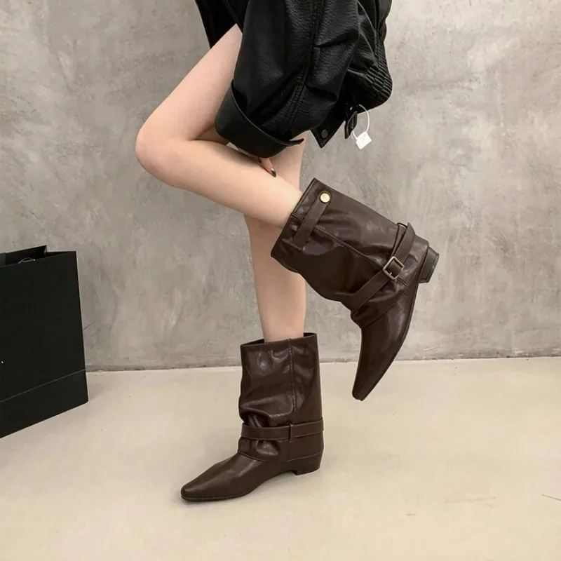 Korean Style Mature Ladies Classic Ankle Boots Pointed Toe Strap Buckle Low Heel Versatile Workwear Business Casual Dress Boots