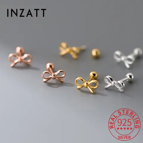 INZATT Real 925 스털링 실버 Bowknot 스터드 귀걸이 여성용 클래식 파인 쥬얼리 피어싱 스크류 비드 액세서리