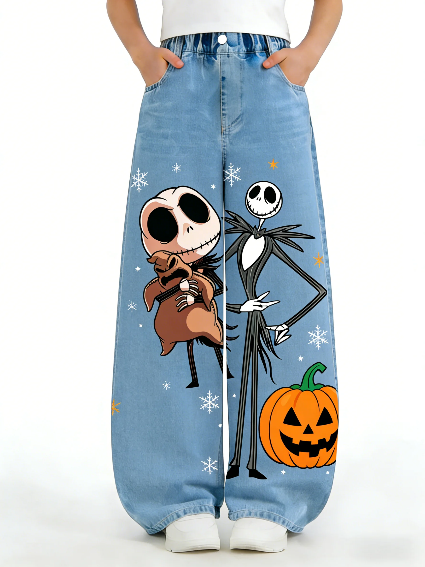 

Детские джинсы с широкими штанинами в корейском стиле Disney, с принтом черепа, эластичные, с высокой талией, модные брюки для девочек