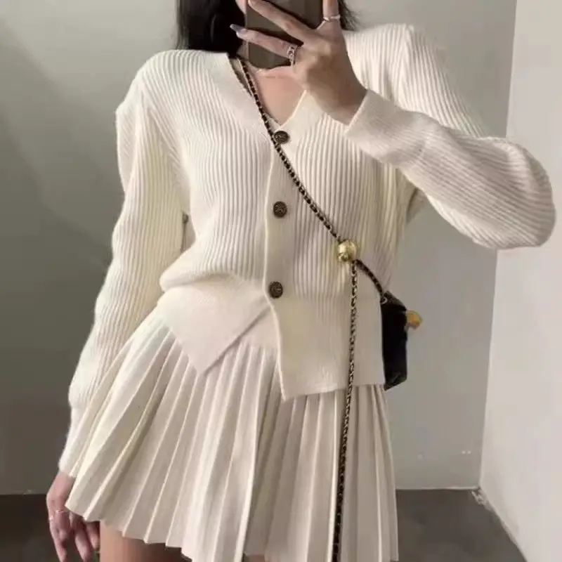 Chic Y2k Knitted 2 Pieces Sets Women Single-breasted Tops High Waist Mini Skirt Knit Cardigan Solid Outfits Spring Autumn Suits