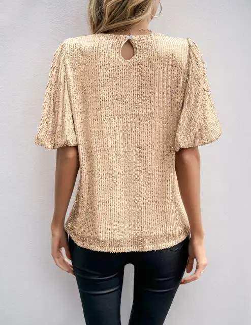 2025 Новая однотонная женская футболка с расклешенными рукавами и круглым вырезом в стиле ретро, расшитая пайетками