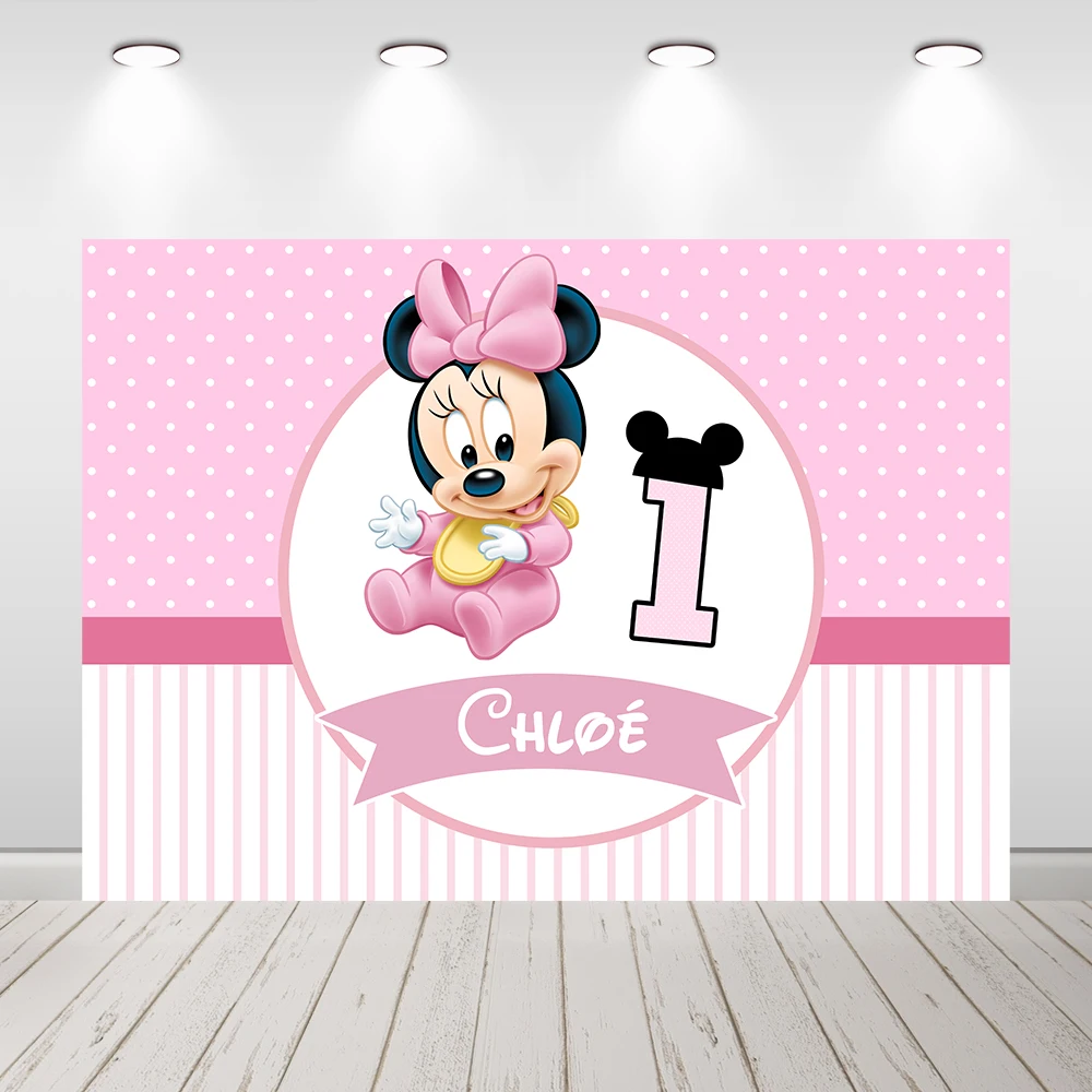 Pink Baby Minnie Mouse 1st Birthday Backdrop Party Supplies Decoration Banner Customized Name Baby Shower Photo Background