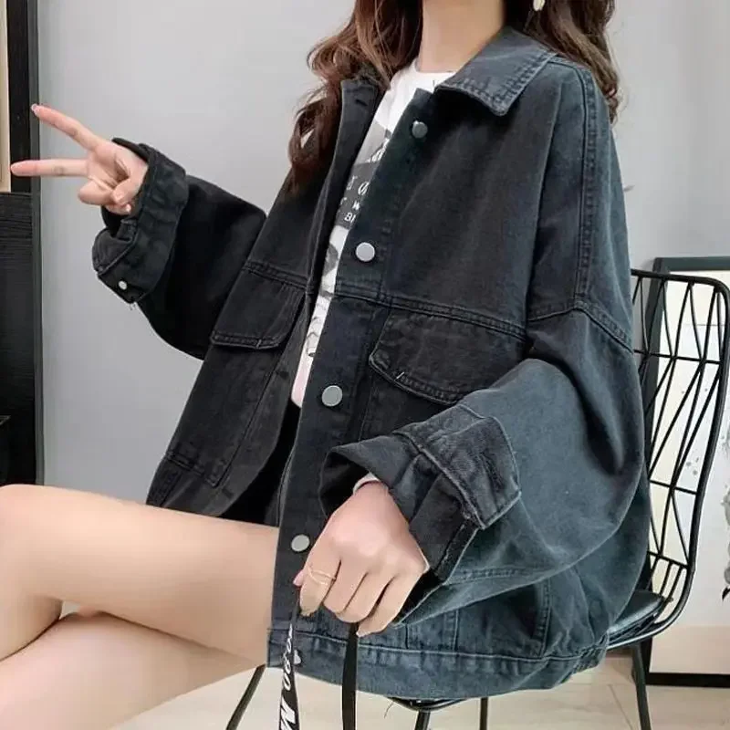 Women Vintage Washed Denim Coats Single Breasted Long Sleeve Jacket Spliced Embroidery Outerwear Button Loose Casual 2024