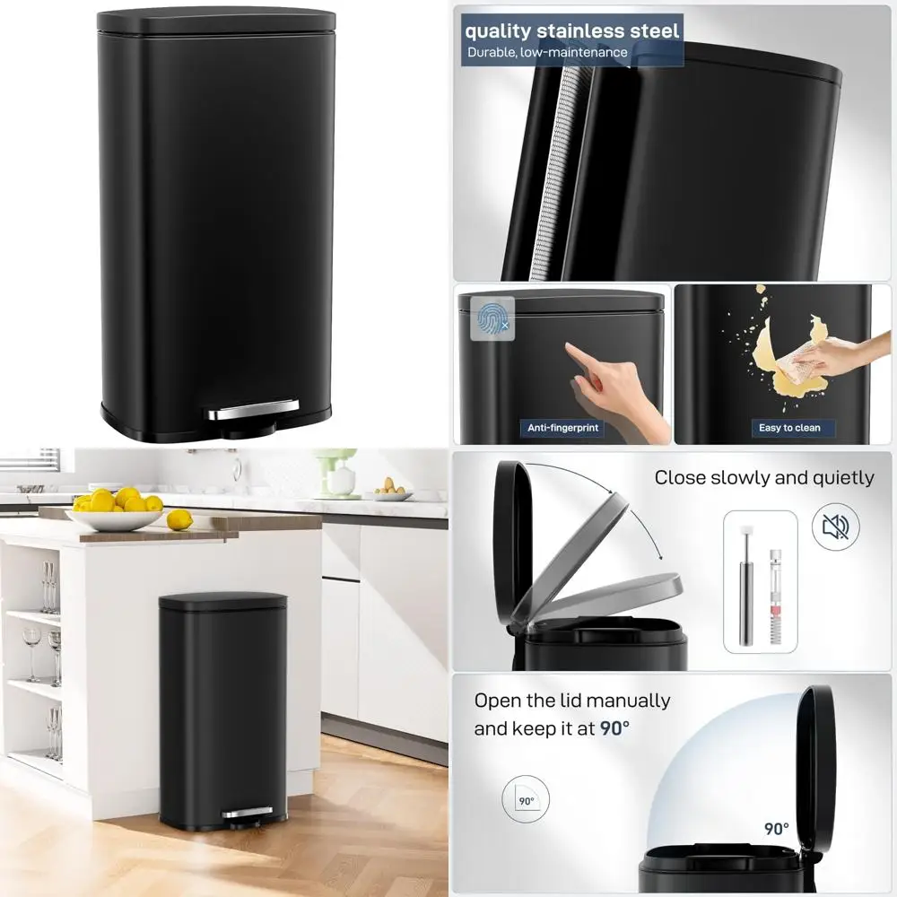 

Stainless Steel 8 Gallon Trash Can with Soft-Close Lid and Removable Plastic Inner Bucket for Kitchen Use