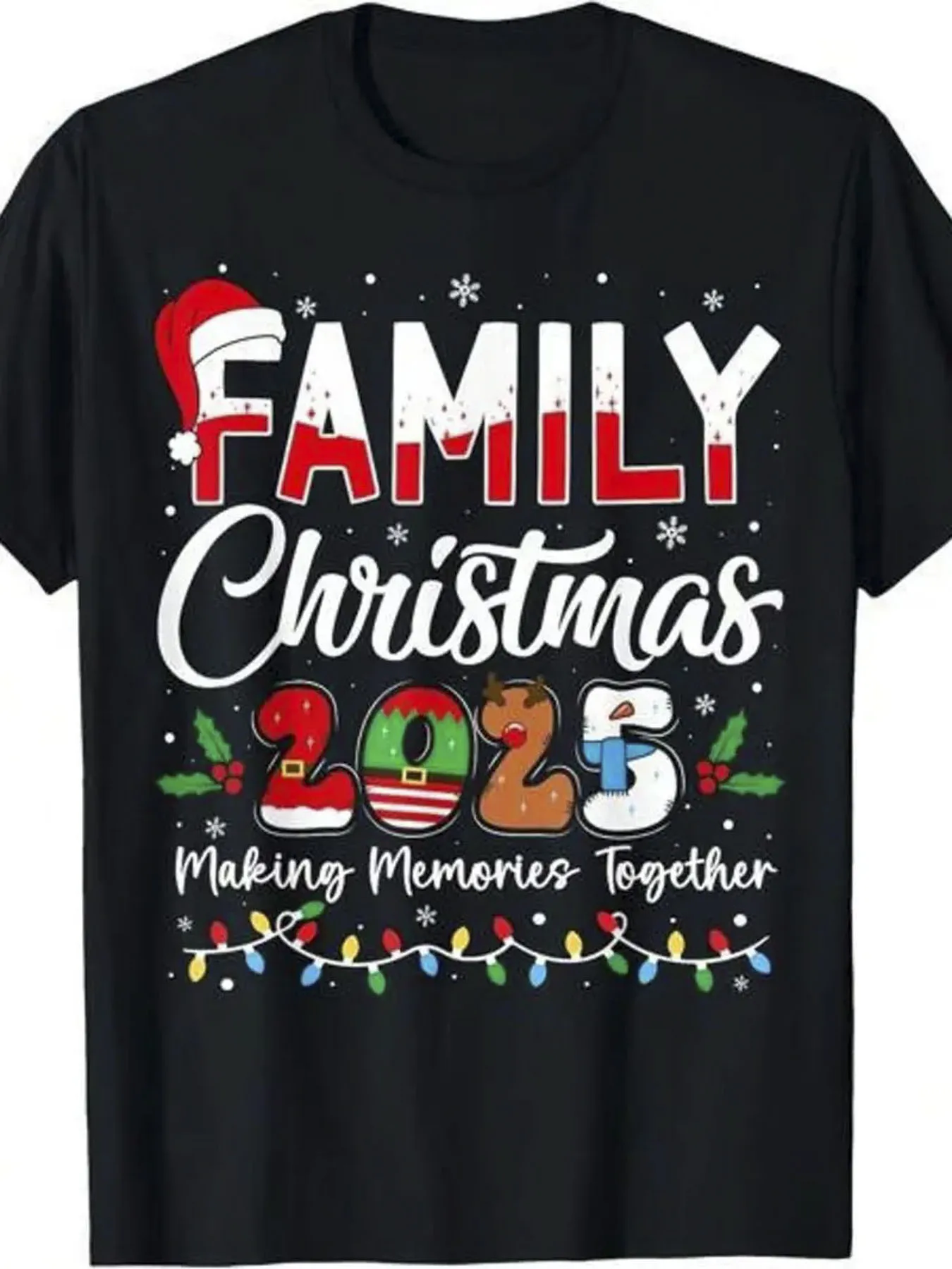 تي شيرت رجالي قطن 100% لعيد الميلاد 2025 ملابس عائلية للوالدين والطفل - أسود مع أحمر وأبيض "فاميلي"، قبعة عيد الميلاد