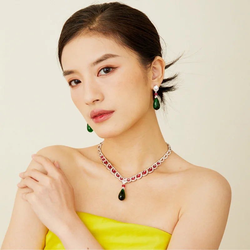 

The Vintage Style Earrings Necklace Women Lady Inlay Cubic Zircon Pyriform Glass Tassels Beads Chain Party Jewelry Sets